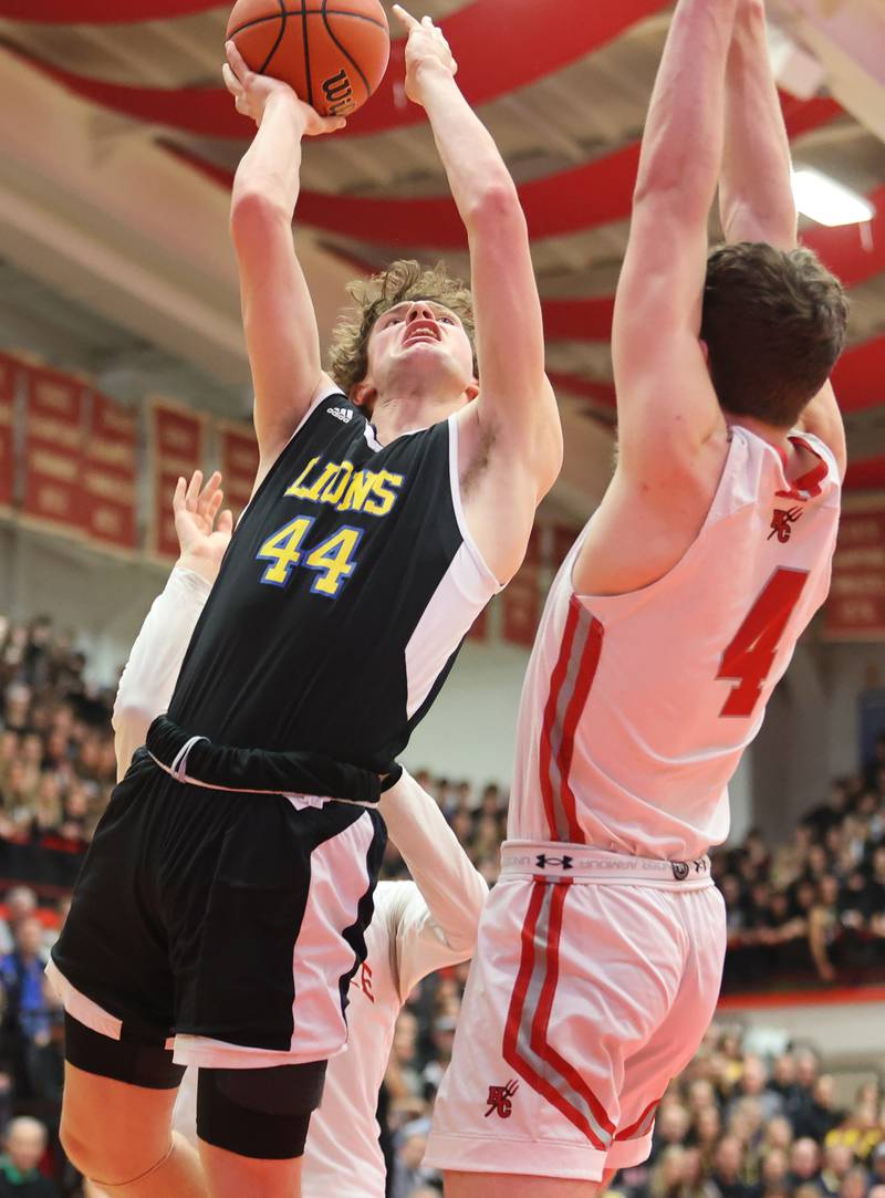 Lyons' Niklas Polonowski (44) goes to the basket during the boys 4A varsity sectional semi-final game between Hinsdale Central and Lyons Township high schools in Hinsdale on Wednesday, March 1, 2023.