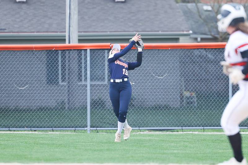 Oswego’s Ella Boling fields the fly ball against Minooka on Wednesday, April 17, 2024 in Minooka.