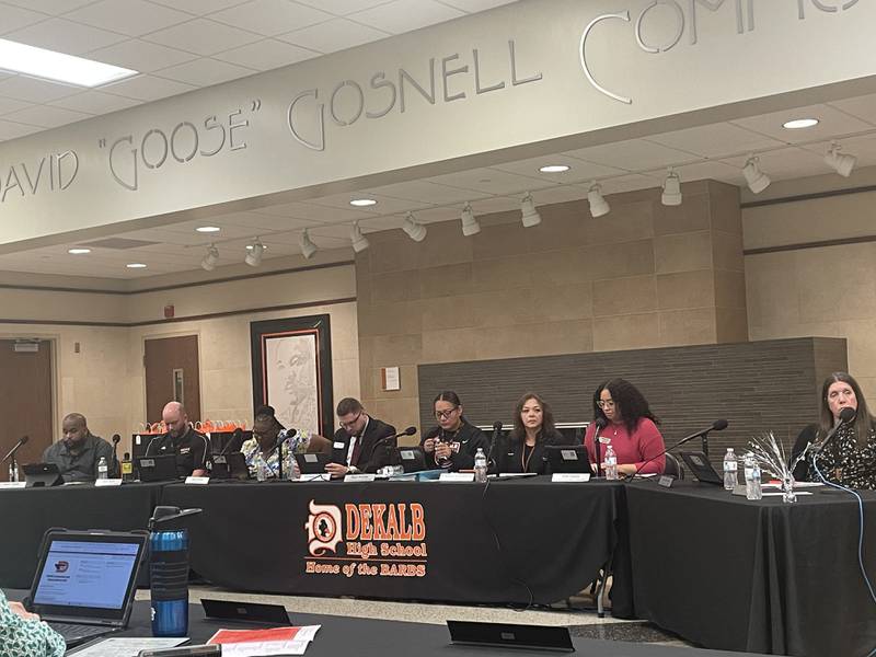 School officials are seen at the May 7, 2024 meeting of the DeKalb School District 428 board.