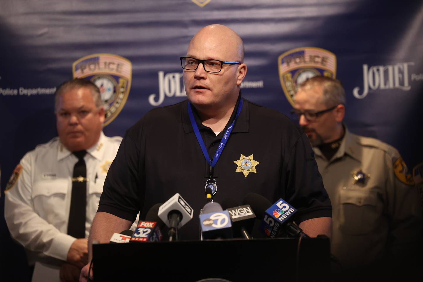 Joliet Police Sgt. Dwayne English speaks at a press briefing at Joliet City Hall on Tuesday, Jan. 23 to give updates on the shootings that happened on the 2200 block of West Acres Road in Joliet earlier this week.