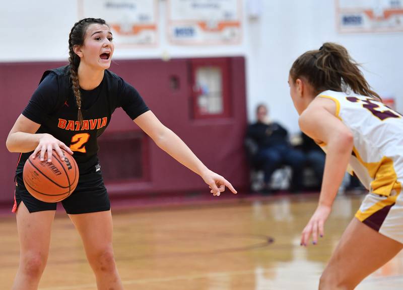 Batavia's Brooke Carlson (2) signals to teammates  during a Coach Kipp Hoopsfest game against Loyola Academy on Jan. 13, 2024 at Montini Catholic High School in Lombard.