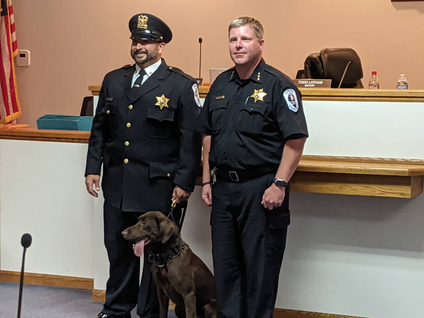 Sandwich Police Sgt. William Meisner, left, and Sandwich Police Chief Kevin Senne, right, stand next to the police department's new police dog, Musil. Meisner is Musil's handler and the new K-9 officer.