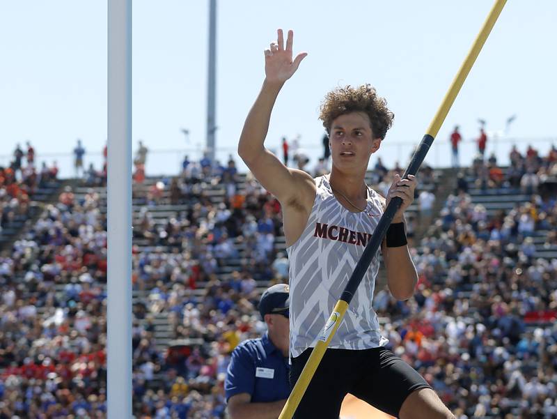 McHenry’s Zake Galvicius wavs to the crowd after finishing third in the pole vault during the IHSA Class 3A Boys State Track and Field Championship meet on Saturday, May 25, 2024, at Eastern Illinois University in Charleston.