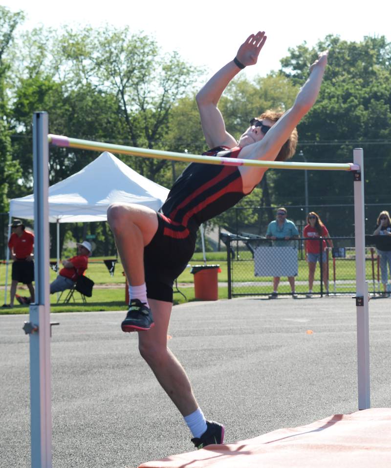 Forreston's  Eli Ferris begins his effort to  clear the high jump bar at 1.85 meters (6' 0.75") the 1A Winnebago Sectional on Friday, May 17, 2024 in Winnebago.