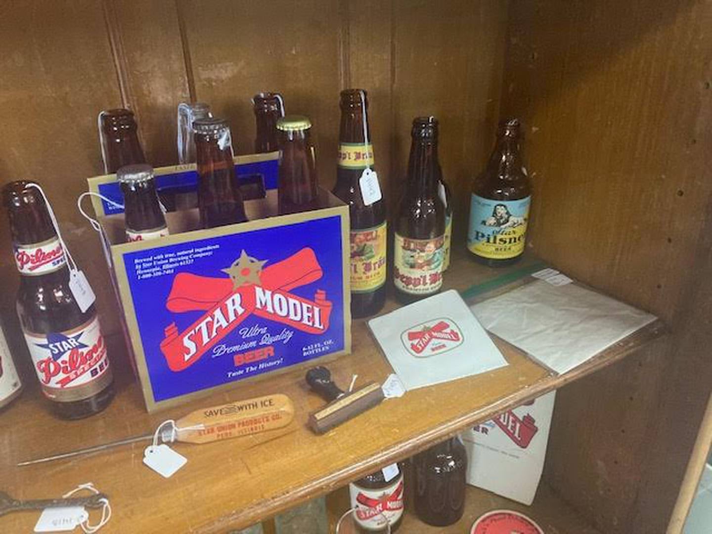 A sampling of beer bottles, ice packs, coasters and bricks from the smokehouse built in 1845. The original brewery was founded by Fred Kaiser in 1845 and incorporated in 1868 as the Union Beer Company.