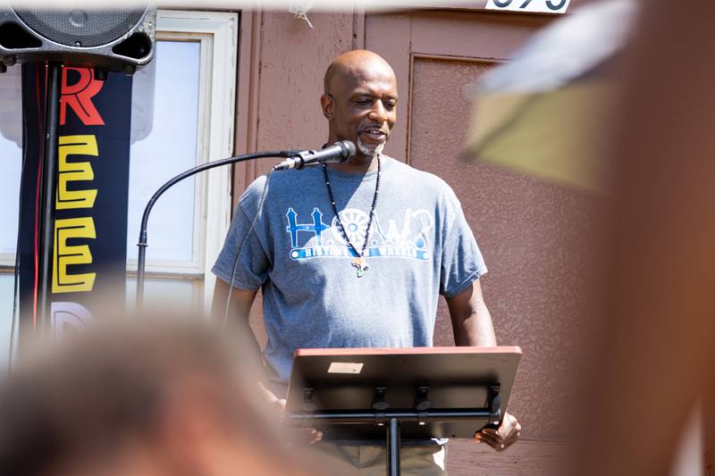 History on Wheels founder Luther E. Johnson Jr. shares remarks during the groundbreaking ceremony and Juneteenth celebration at the African Descendants Military and Historical Museum in Joliet on June 19, 2024.