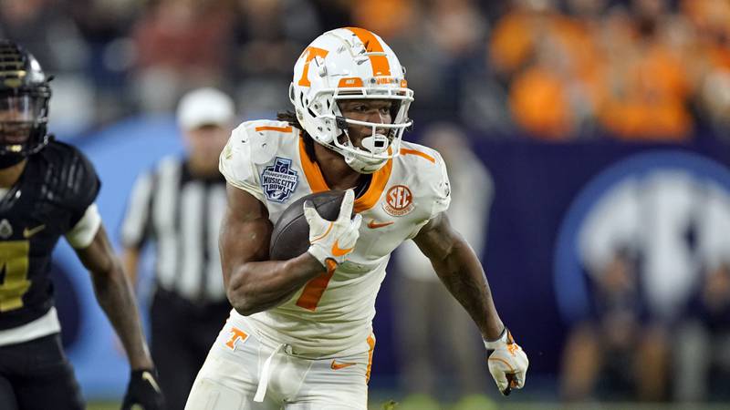 Tennessee wide receiver Velus Jones Jr. plays against Purdue in the Music City Bowl on Dec. 30, 2021, in Memphis, Tenn.