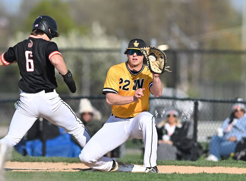 Joliet West's Matthew Jr. Marchiniak in action at first base during the non-conference game against Lincoln-Way West on Friday, April. 19, 2024, at Joliet.