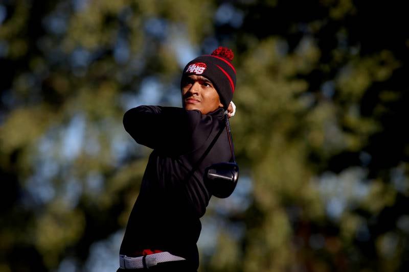 Huntley’s Taig Bhathal tees off on 6 in Cary-Grove High School 2024 Invitational varsity golf action on Saturday, Sept. 7, 2024, at Foxford Hills Golf Club in Cary.