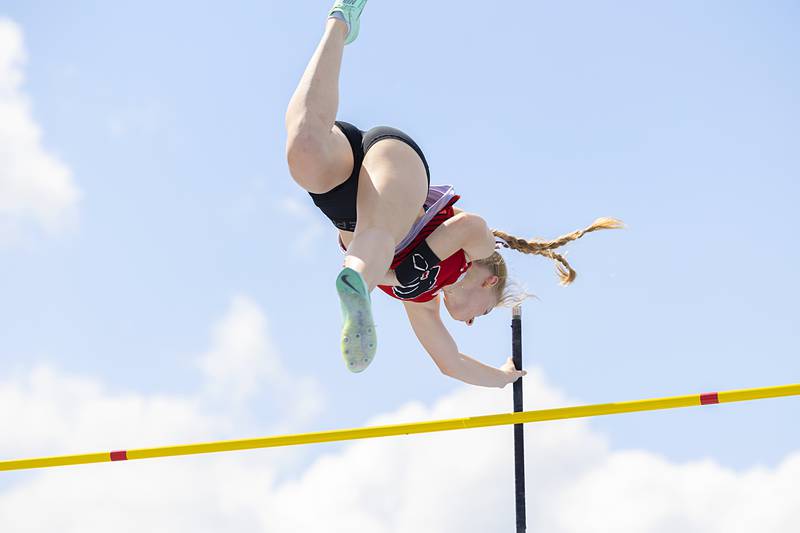 Shabbona’s Reagan Gibson clears the bar in the 1A Pole Vault Saturday, May 18, 2024 at the IHSA girls state track meet in Charleston.