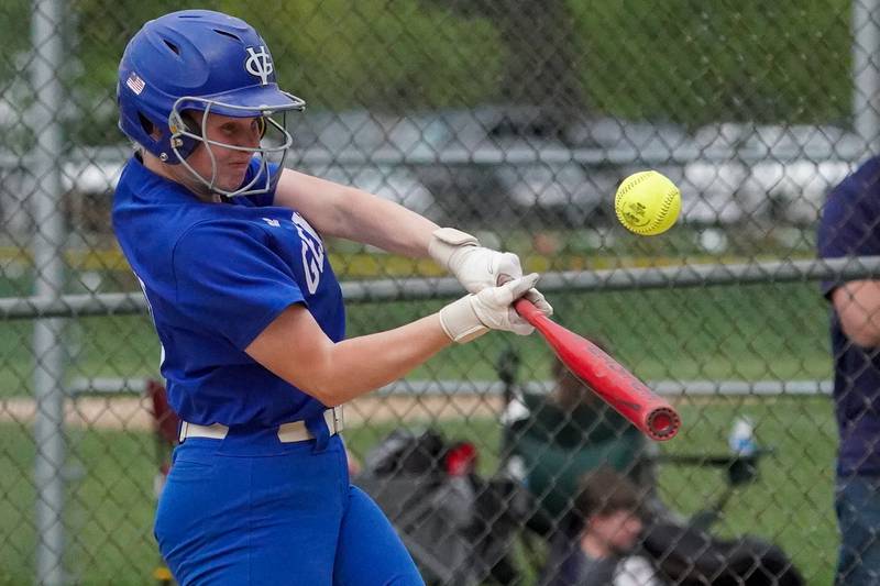 Geneva’s Hailey Hornick (19) singles driving in a run against Batavia during a softball game at Batavia High School on Wednesday, May 8, 2024.