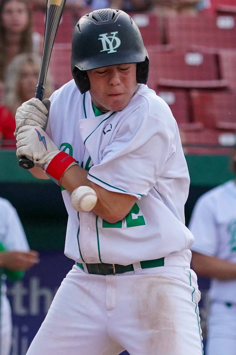 York's Nick Allen (22) is hit by a pitch during a class 4A Kane County supersectional baseball game against McHenry  at Northwestern Medicine Field in Geneva on Monday, June 3, 2024.