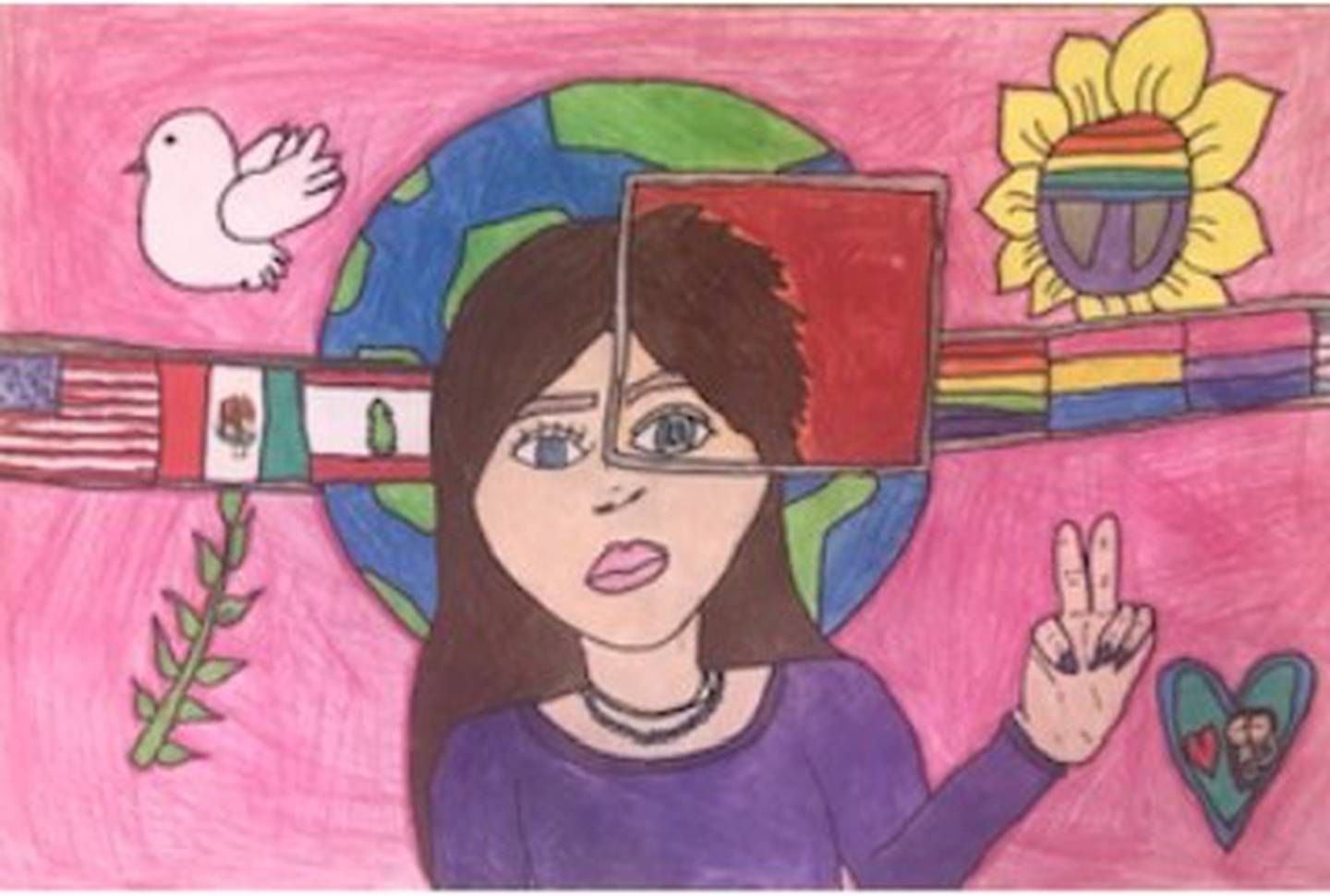 ldaly Campa, 12, a student at Washington Junior High School in Joliet created this poster for the 2022-2023 Lions lnternational Peace Poster contest. This poster won at the district level and went on to the state competition.
