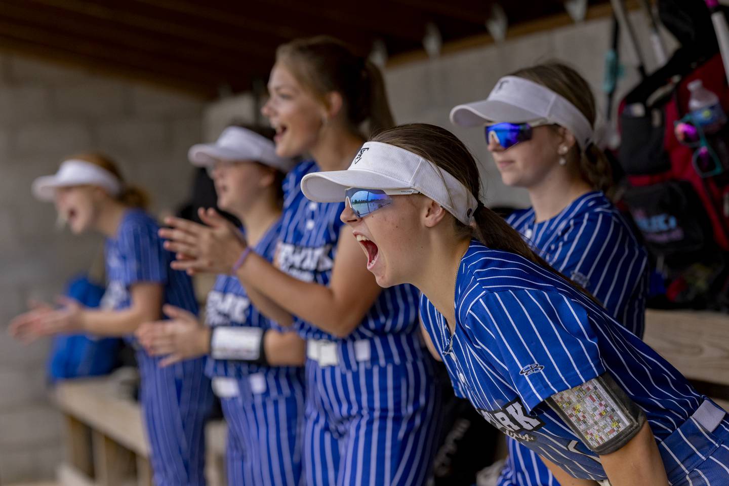 Newark's LeAnn Monsess and teammates cheer on their batter in extra innings against Serena during the Class 1A Woodland Sectional championship Friday, May 24, 2024, in rural Streator.