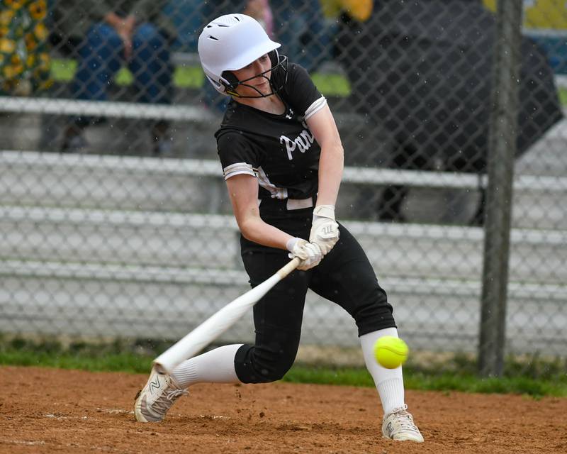 Glenbard North's Alyssa Abderhalden (40) makes contact with the ball and gets a base hit during the game on Monday May 13, 2024, while traveling to take on Wheaton North High School.