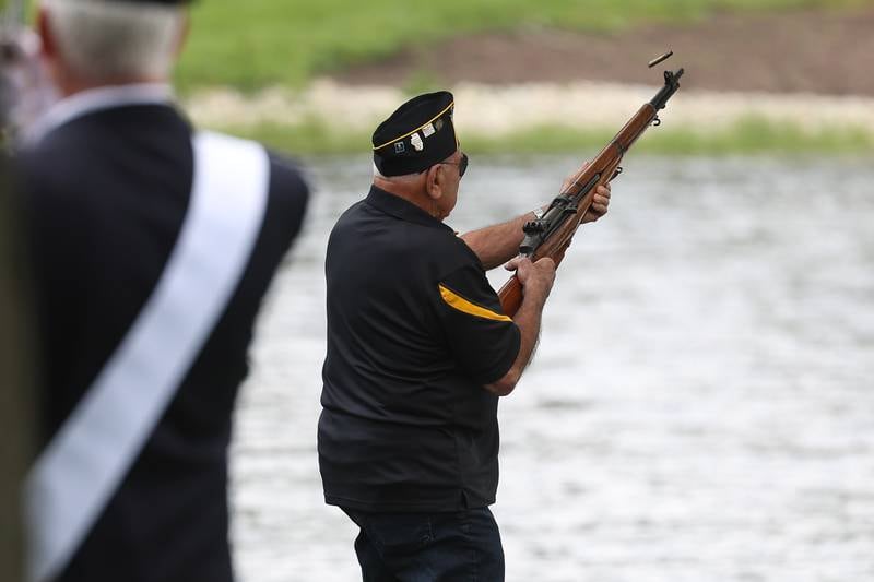 A member of the American Legion Post 13 partakes in the 21 gun salute at Plainfield’s Memorial Day and Ceremony event on Monday, May 27, 2024.