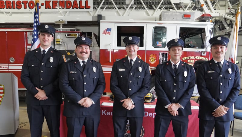 Chief Jeremy Messersmith welcomed five new firefighters to the Bristol-Kendall Fire Protection District on Sept. 5, including, Matthew Szopinski (far left), Michael Fennell (second to left), Brett Rhodes (middle), Jesse Holliger (second to right), and Lucas Lee (far right).