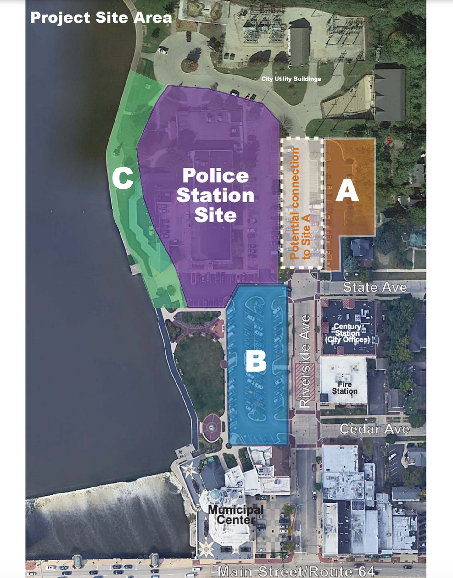 Site map for the Downtown Riverfront Property Feasibility Study to be conducted in St. Charles this summer.
