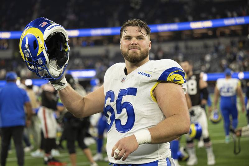 Los Angeles Rams center Coleman Shelton gestures after a game against the Cleveland Browns, Sunday, Dec. 3, 2023, in Inglewood, Calif.