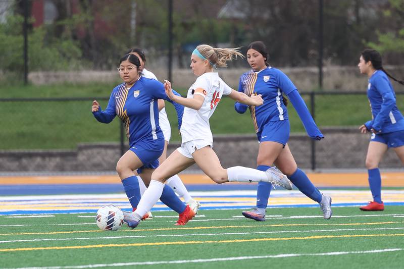 Plainfield East’s Delaney Shrupsha takes a shot against Joliet Central on Thursday, April 11, 2024.