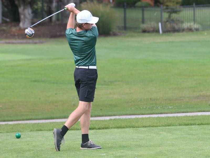 L-P's Riley Cetwinski tees off during the Pirate Invitational golf meet on Monday, Sept. 16, 2024 at Deer Park Golf Course in Oglesby.