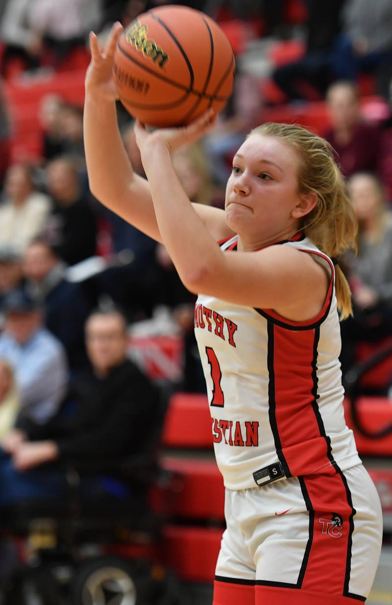 Timothy Christian's Maddie Drye shoots for three points during the Class 2A Timothy Christian Regional championship game against IC Catholic Prep on Feb. 17, 2023 at Timothy Christian High School in Elmhurst.