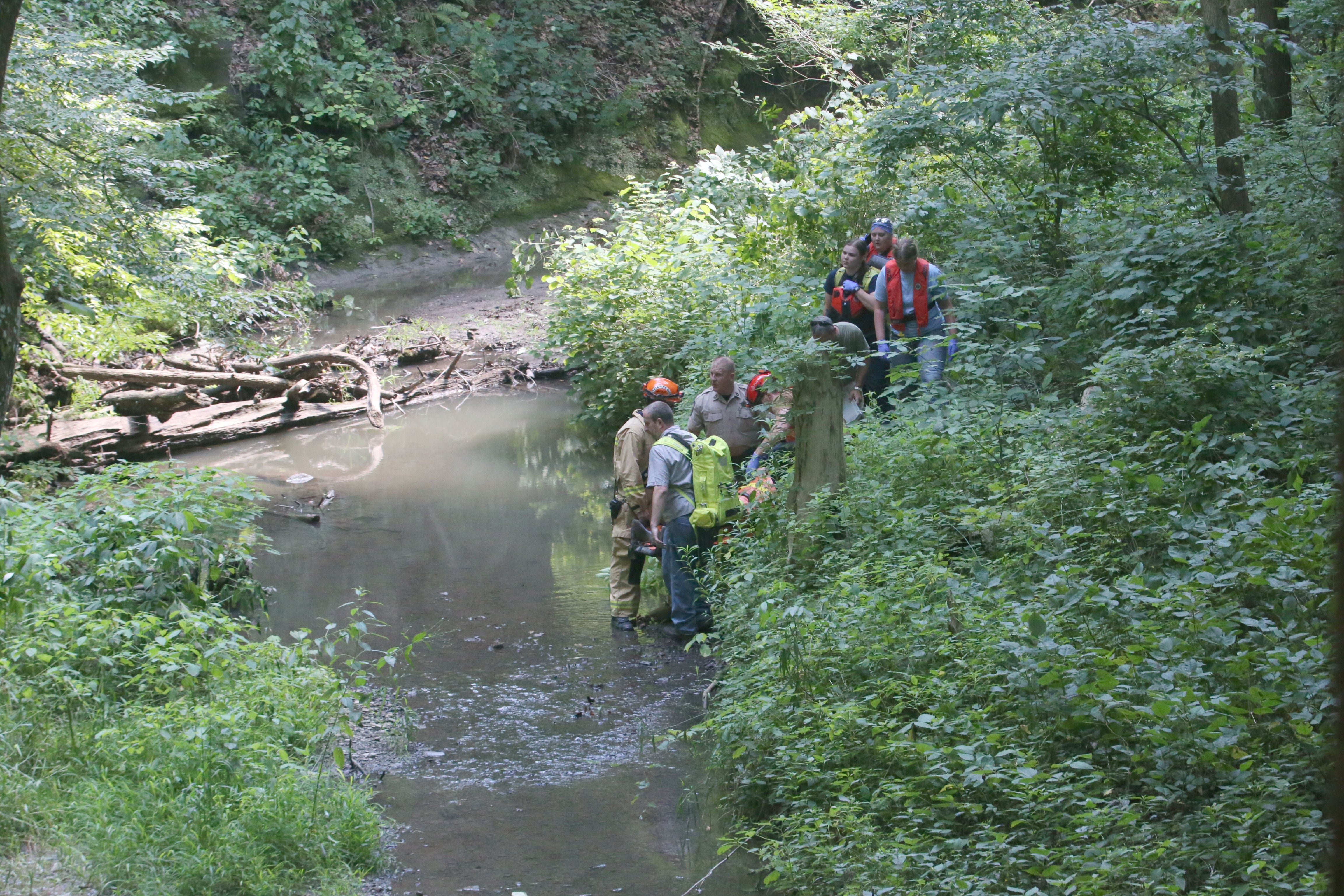 Oglesby and Utica Fire and EMS attend to a rescue at the bottom of La Salle Canyon for a male subject who fell at La Salle Canyon on Wednesday, July 17, 2024 at Starved Rock State Park.