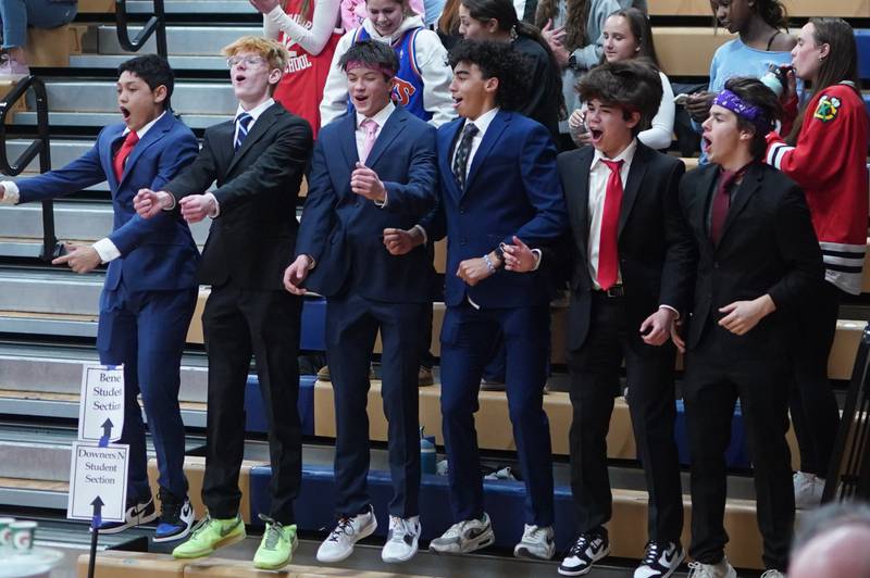 Benet fans cheer on their team against Bolingbrook during a Oswego semifinal sectional 4A basketball game at Oswego High School on Tuesday, Feb 20, 2024.