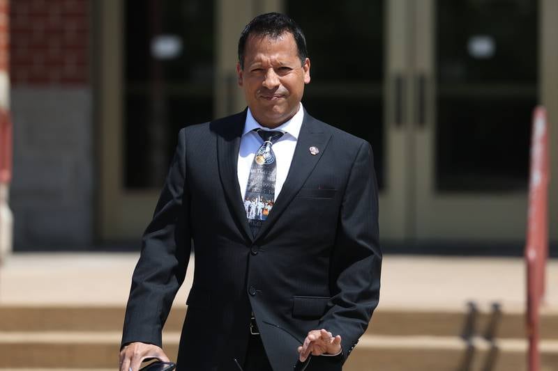 Javier Esqueda leaves the Kendall County Courthouse after his status hearing. Esqueda faces official misconduct charges for leaking video of Eric Lurry’s arrest. Lurry died from a drug overdose. Tuesday, June 14, 2022 in Yorkville.