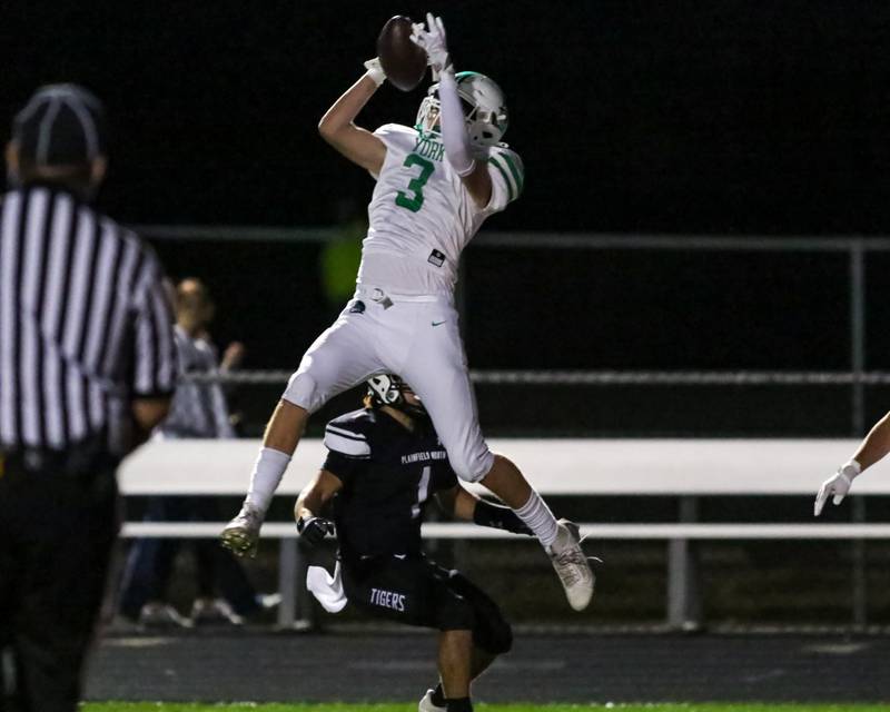 York's Aidan Link (3) comes down with an interception during a football game between York at Plainfield North on Friday, Sept 6th, 2024 in Plainfield. Gary E Duncan Sr for Shaw Local News Network.