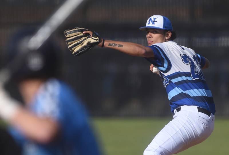 St. Charles North pitcher Anthony Estrada throws to a Lake Park batter during Friday’s baseball game in St. Charles.