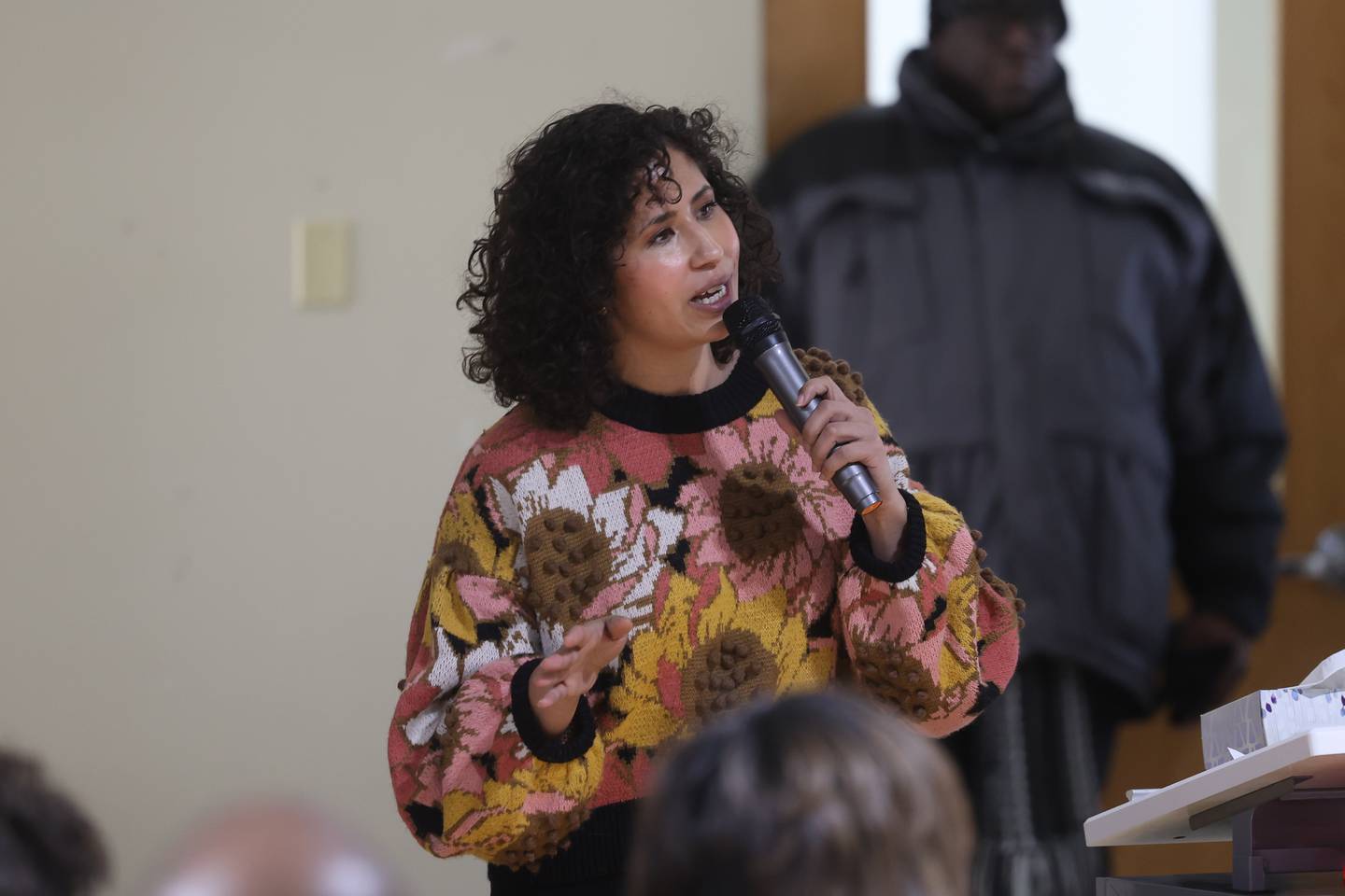 Violence Prevention Director Andrea Cambray speaks at the ribbon cutting ceremony for the Ozzie & Peggy Mitchell Center, formerly the Peter Claver Center, Joliet Township's new violence prevention program on Wednesday, Jan. 17th, 2024 in Joliet.