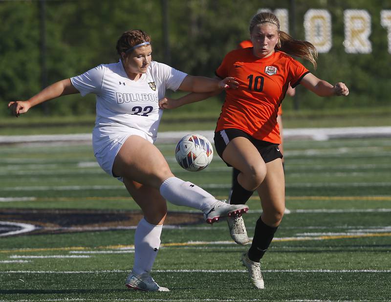 Wauconda's Caryl Fisher tries to control the ball infant of Crystal Lake Central's Sadie Quinn during the IHSA Class 2A Grayslake North Regional championship soccer match on Friday, May 17, 2024, at Grayslake North High School.