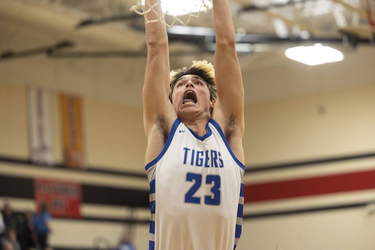 Princeton’s Noah LaPorte stuffs in a dunk early in the Tigers’ game against Bureau Valley Wednesday, Feb. 21, 2024 at the Prophetstown class 2A basketball regional.
