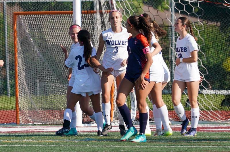 Oswego East's Anya Gulbrandsen (3) makes her way back to midfield after scoring a goal on a penalty kick against Oswego during a Class 3A Lockport Regional semifinal soccer match at Lockport High School in Lockport on Wednesday, May 15, 2024.