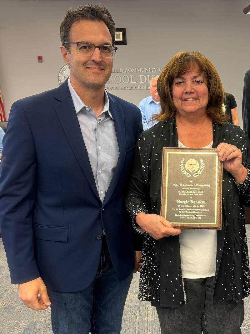 The District 202 Foundation for Excellence recently presented the 2023 Walter G. and Juanita F. Niehus Award to retired technology director Margie Bonuchi for her extraordinary commitment to students, parents and employees.