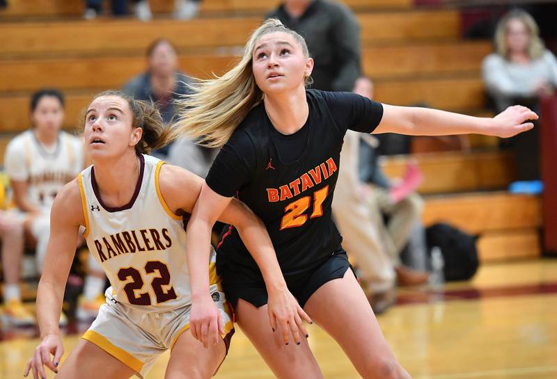 Loyola's Kelsey Langston (22) and Batavia's Kylee Gehrt (21) contend for rebound position during a Coach Kipp Hoopsfest game on Jan. 13, 2024 at Montini Catholic High School in Lombard.