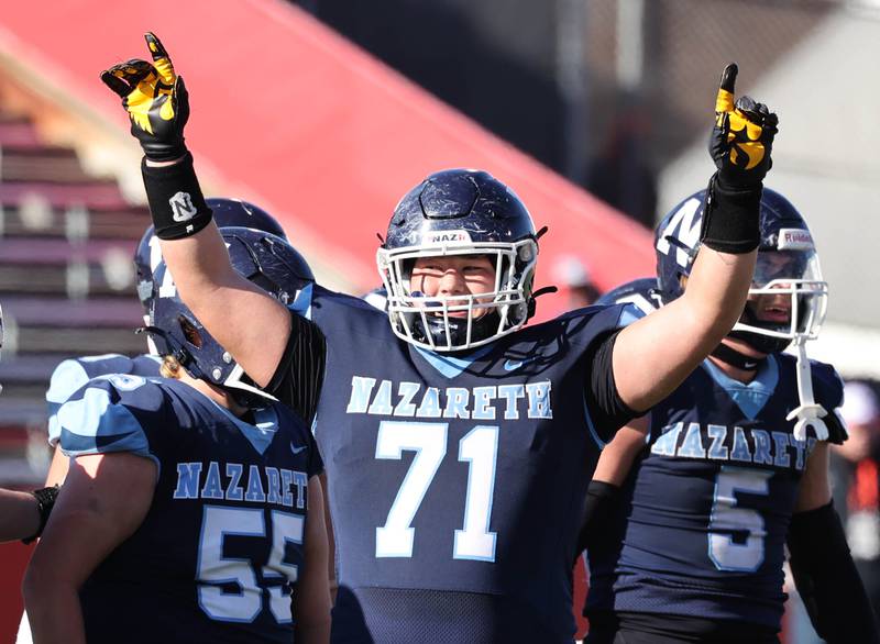 Nazareth's Samuel Stec celebrates as time ticks away in November 2023 in their IHSA Class 5A state championship win over Joliet Catholic Hancock Stadium at Illinois State University in Normal.