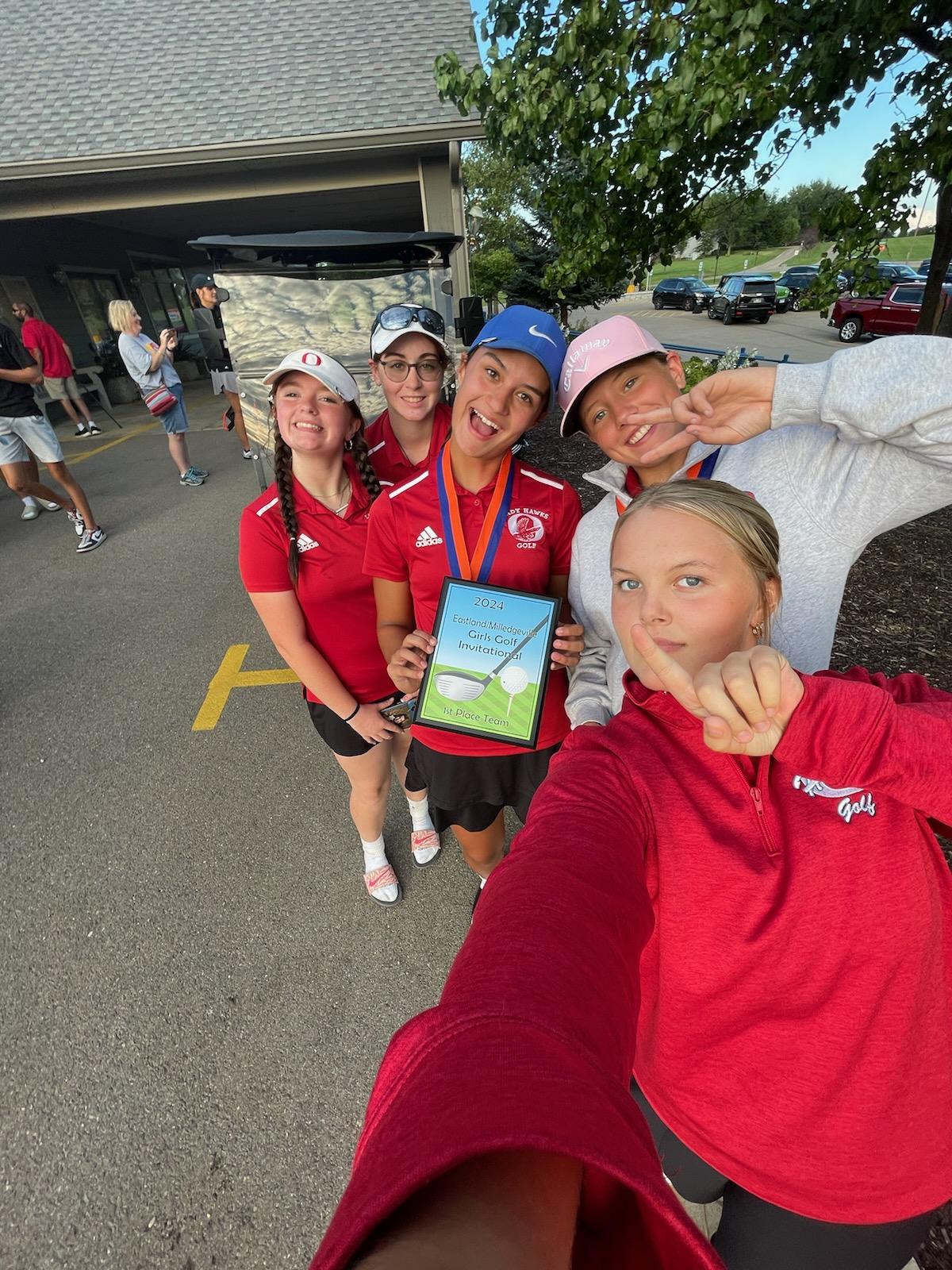 The Oregon girls golf team is pictured after placing first at the Eastland Invite at Lake Carroll Golf Course on Saturday. Sarah Eckardt earned medalist with a 95.