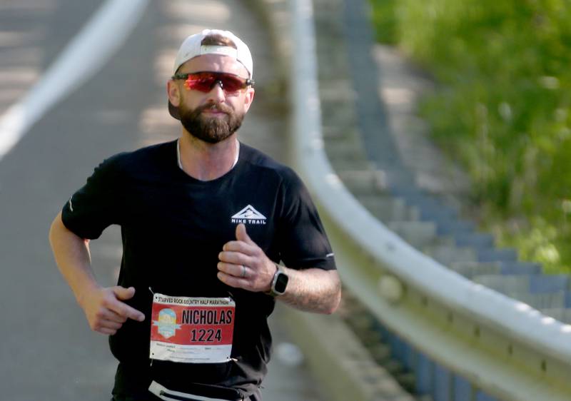 Nicholas Rousonelos of Channahon, runs during the Starved Rock Marathon and Half Marathon on Saturday, May 11, 2024 at Starved Rock State Park.