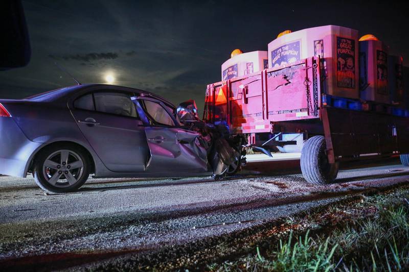 No serious injuries were reported when a sedan collided with a flatbed trailer on Saturday, Sept. 10, 2022, in Woodstock.