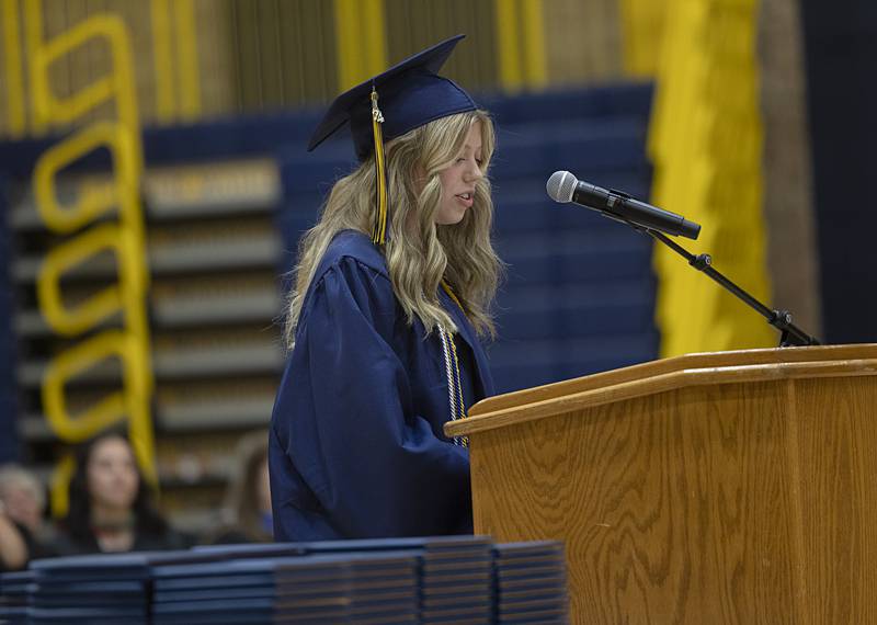 Sterling student council representative Lelaina Block reads her speech to her graduating senior class Friday, May 24, 2024 at the commencement ceremony.