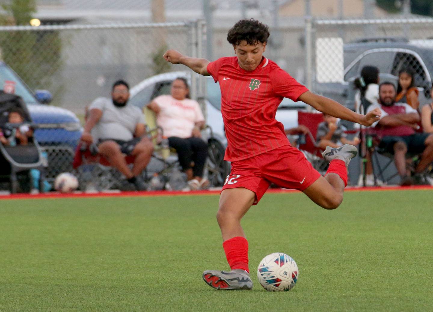 L-P's Adan Pantoja kicks a penalty kick against Ottawa on Wednesday, Sept. 18, 2024 at the L-P Athletic Complex in La Salle.