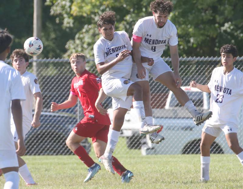 Mendota's Noah Russow and teammate Garritt Benstine collide while Streator's Issac Fowler on Saturday, Aug. 31, 2024 at James Street Recreation Area in Streator.