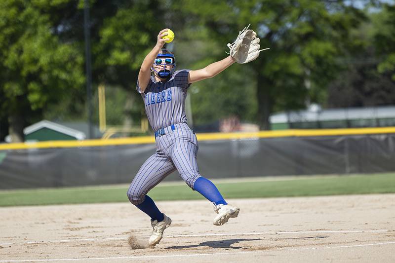 Princeton’s Reese Reviglio fires a pitch against Rock Falls Wednesday, May 15, 2024 a the Class 2A regional softball semifinal.