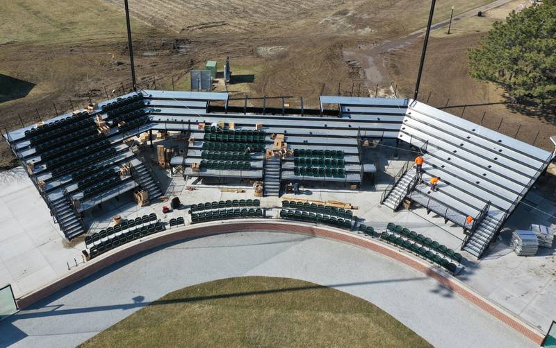 Workers from Hayden Construction installed box seats at Schweickert Stadium on Monday, March 6, 2023 in Peru. The stadium home of the Pistol Shrimp grandstand was approved by the Peru City Council last June. This phase included 575 box seats, a new grandstand and press box.