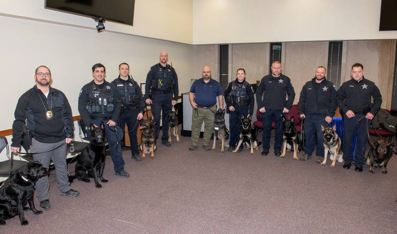 The Lake County Sheriff's K-9 teams are shown. Note: K9 Duke and Deputy Dwight Arrowood are not pictured.