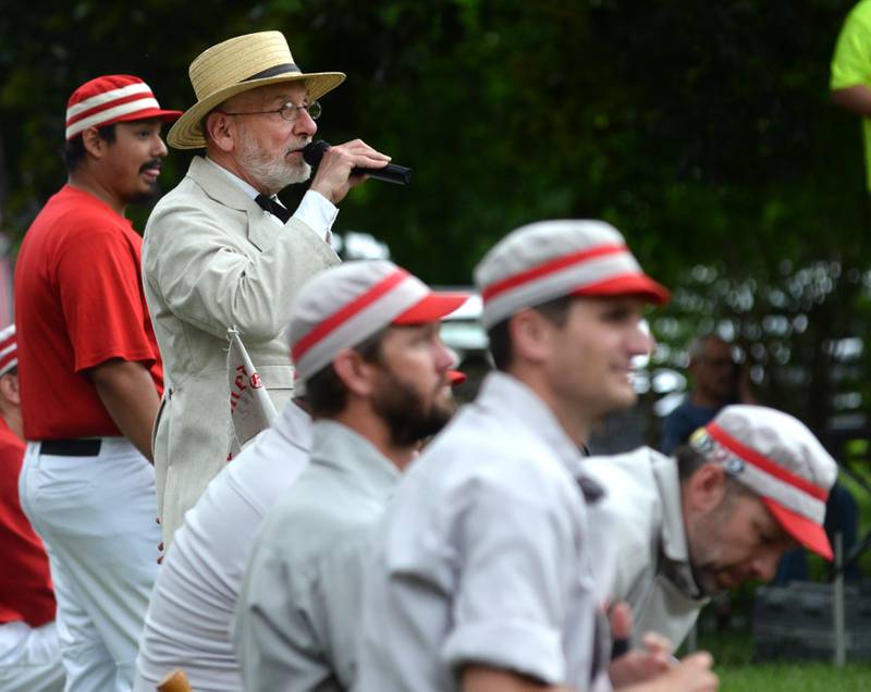 Ganymede Captain Mark Herman talks about the history of base ball play during a game with the DuPage Plowboys at the John Deere Historic Site in Grand Detour on Saturday, June 8, 2024.