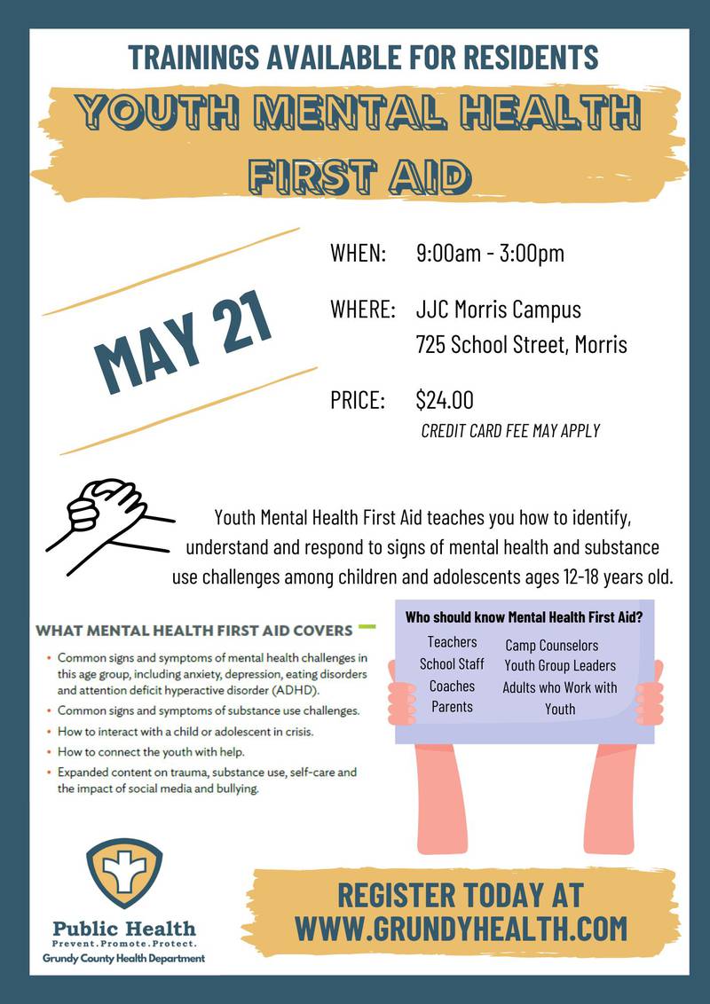 The flyer for the Youth Mental Health First Aid course on Tuesday, May 21.