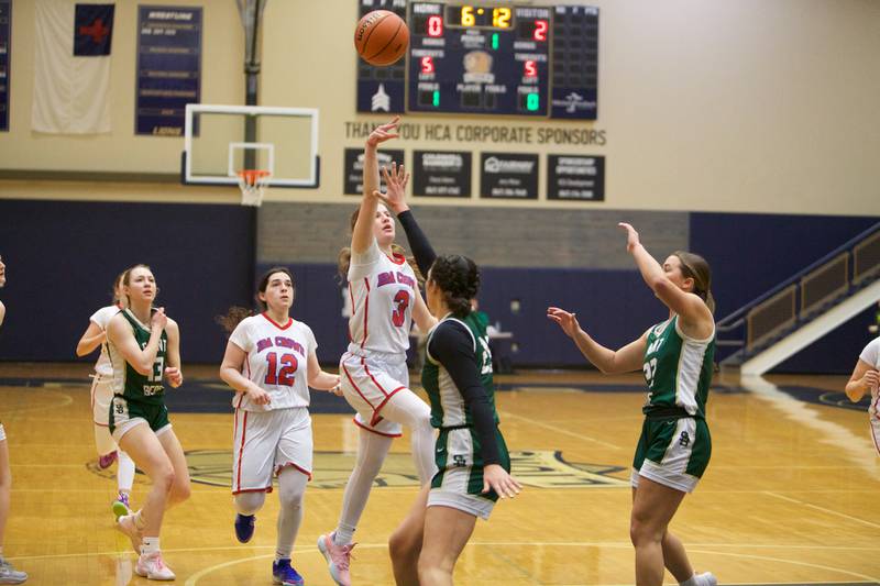 Ida Crown's Llana Schwartz puts the shoot up over St. Bede at the Class 1A Girl's Basketball  Super Sectional on Monday , Feb.26, 2024 at Harvest Christian Academy  in Elgin.